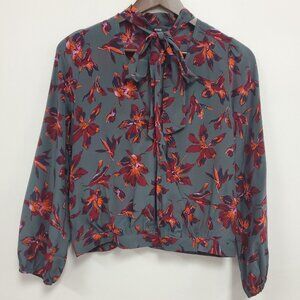 Madewell Women Silk Tie Neck Wrap Top Size M Gray Red Floral Long Balloon Sleeve